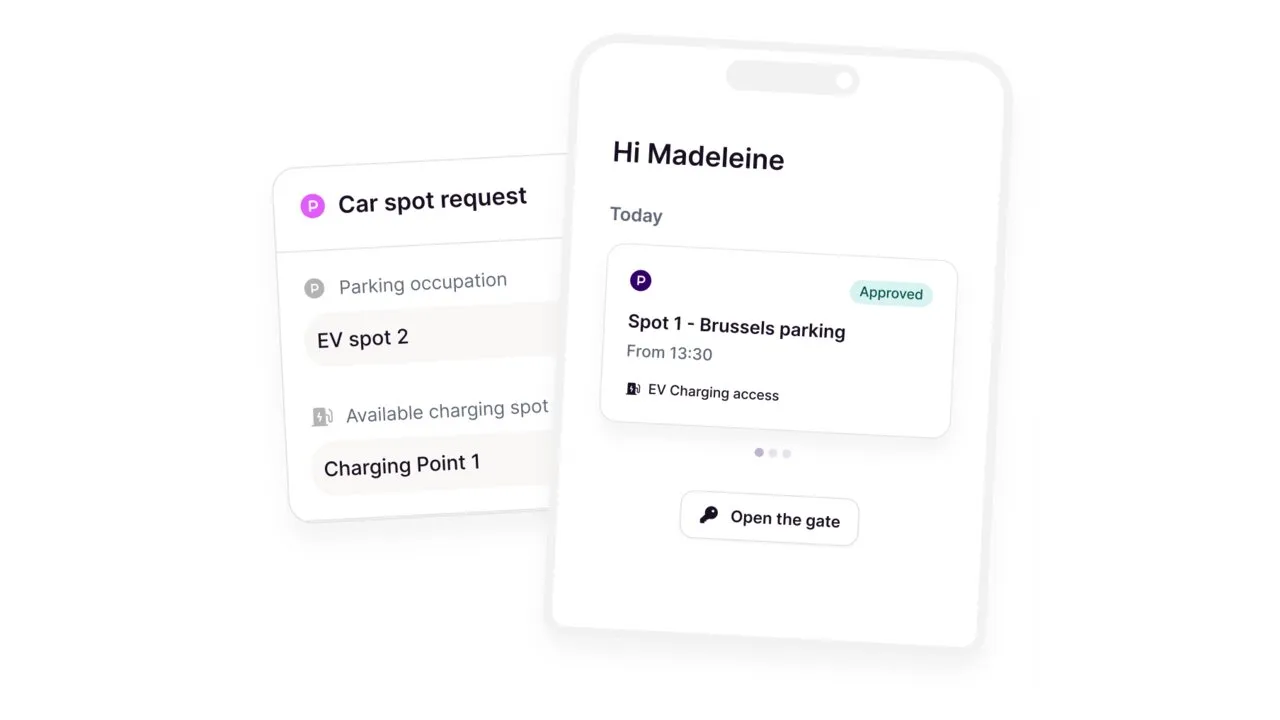Commuty-app: een goedgekeurde aanvraag voor parkeren en laden, met de knop om de slagboom te openen