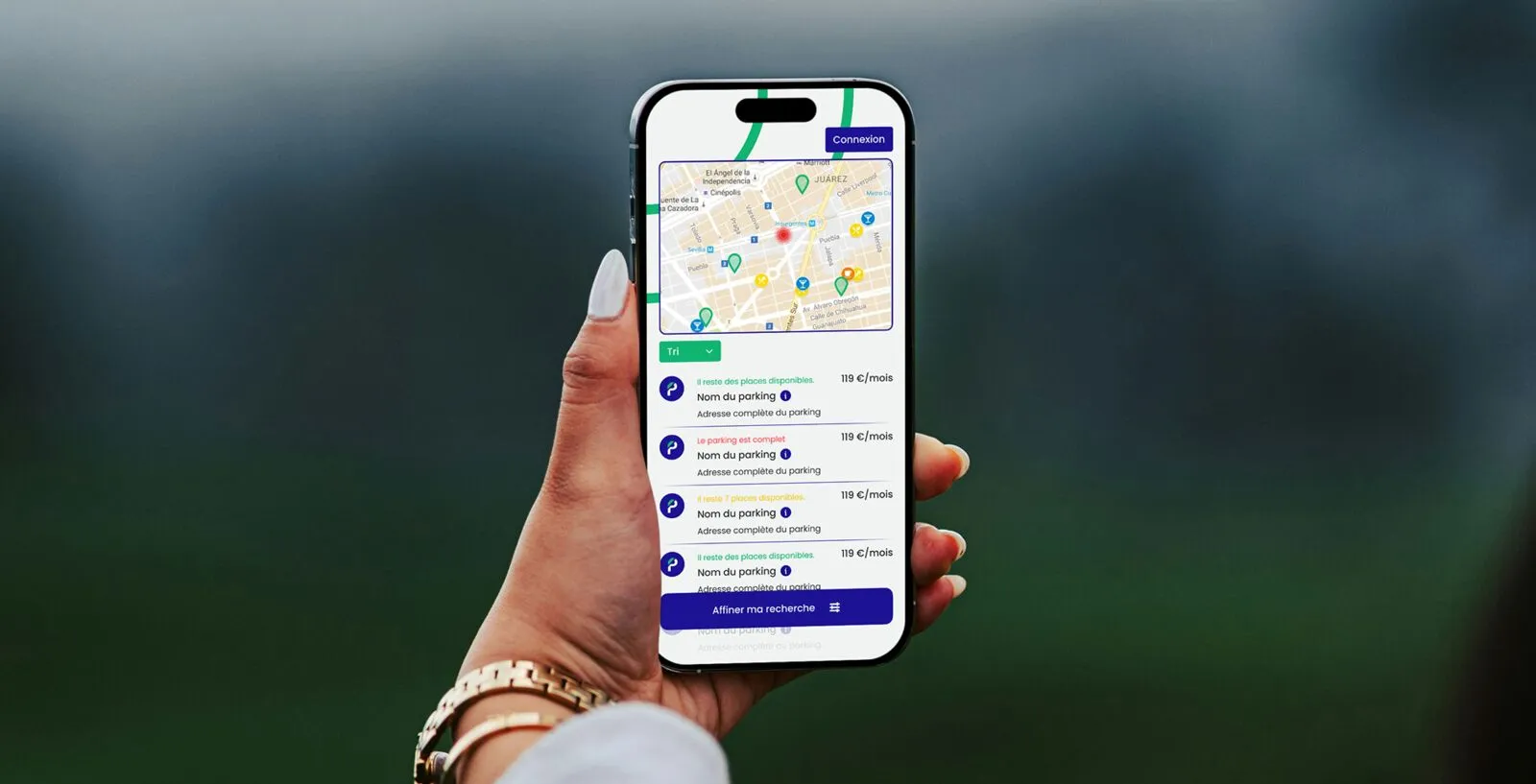 L'application BePark avec les parkings proches sur une carte