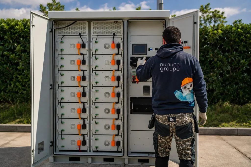 Un technicien Nuance intervient sur une armoire de stockage par batterie