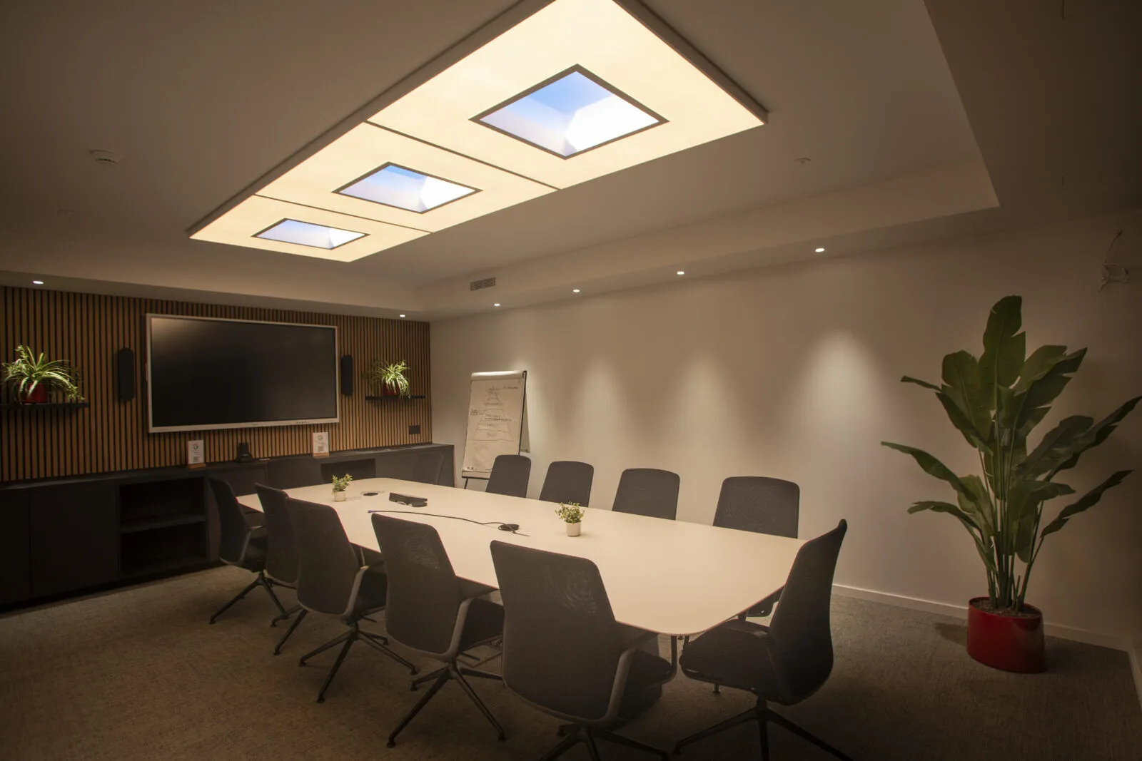 Vergaderzaal bij Cobofisk in Merelbeke met NatureConnect-panelen van Signify en tunable white-verlichting