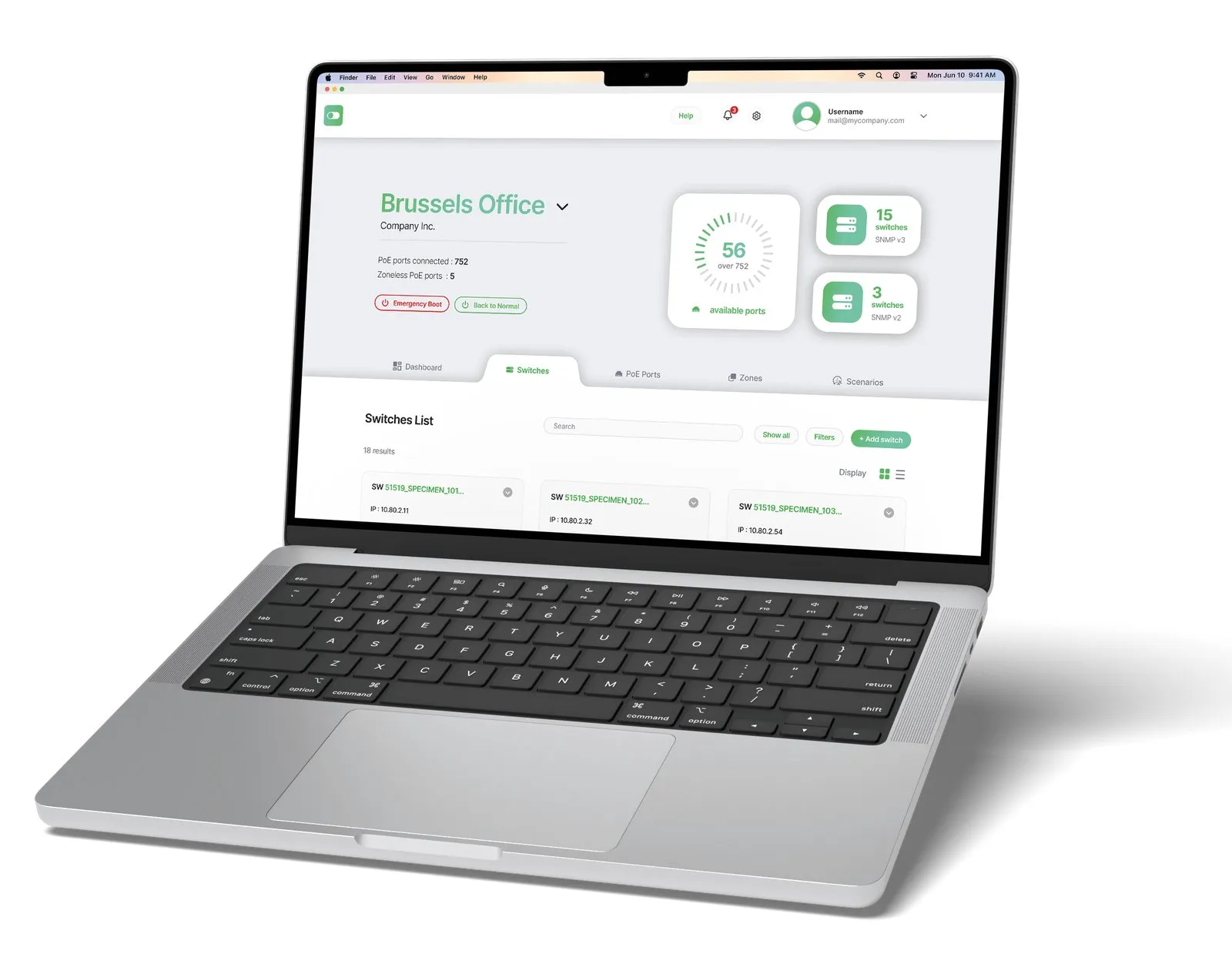 Tableau de bord EcoGreen Soft listant les switches réseau et les ports PoE disponibles d'un bureau
