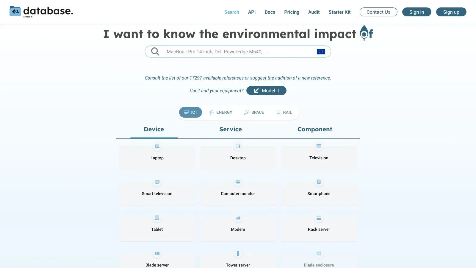 Page de recherche de Resilio Database, avec les catégories d'appareils, de services et de composants