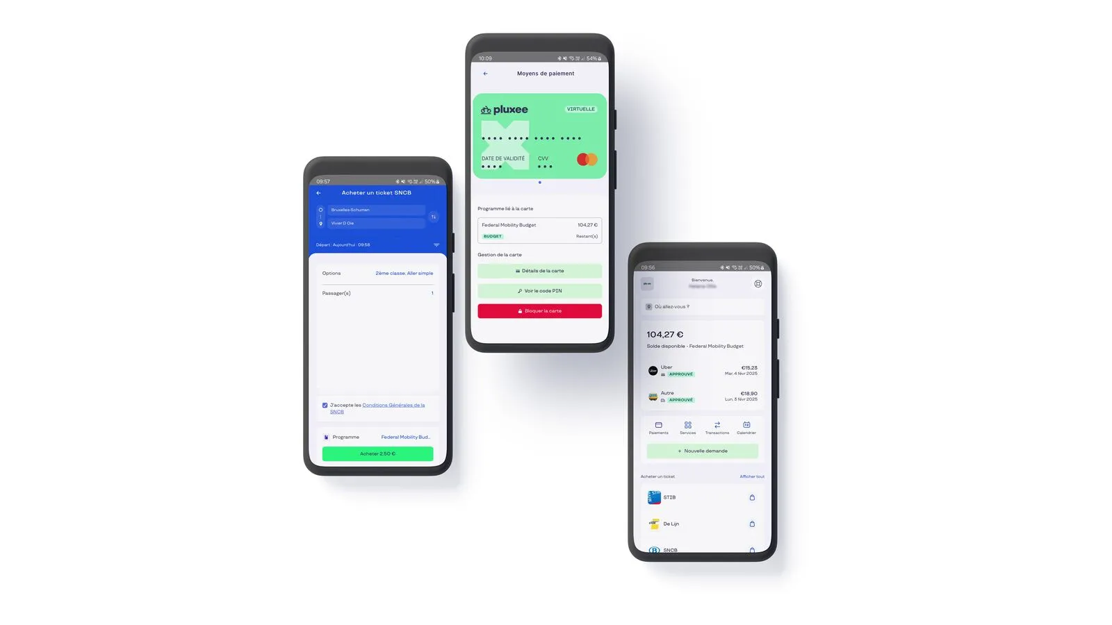 App collaborateur Pluxee Mobility : achat d'un billet SNCB, carte de paiement virtuelle et solde du budget mobilité fédéral