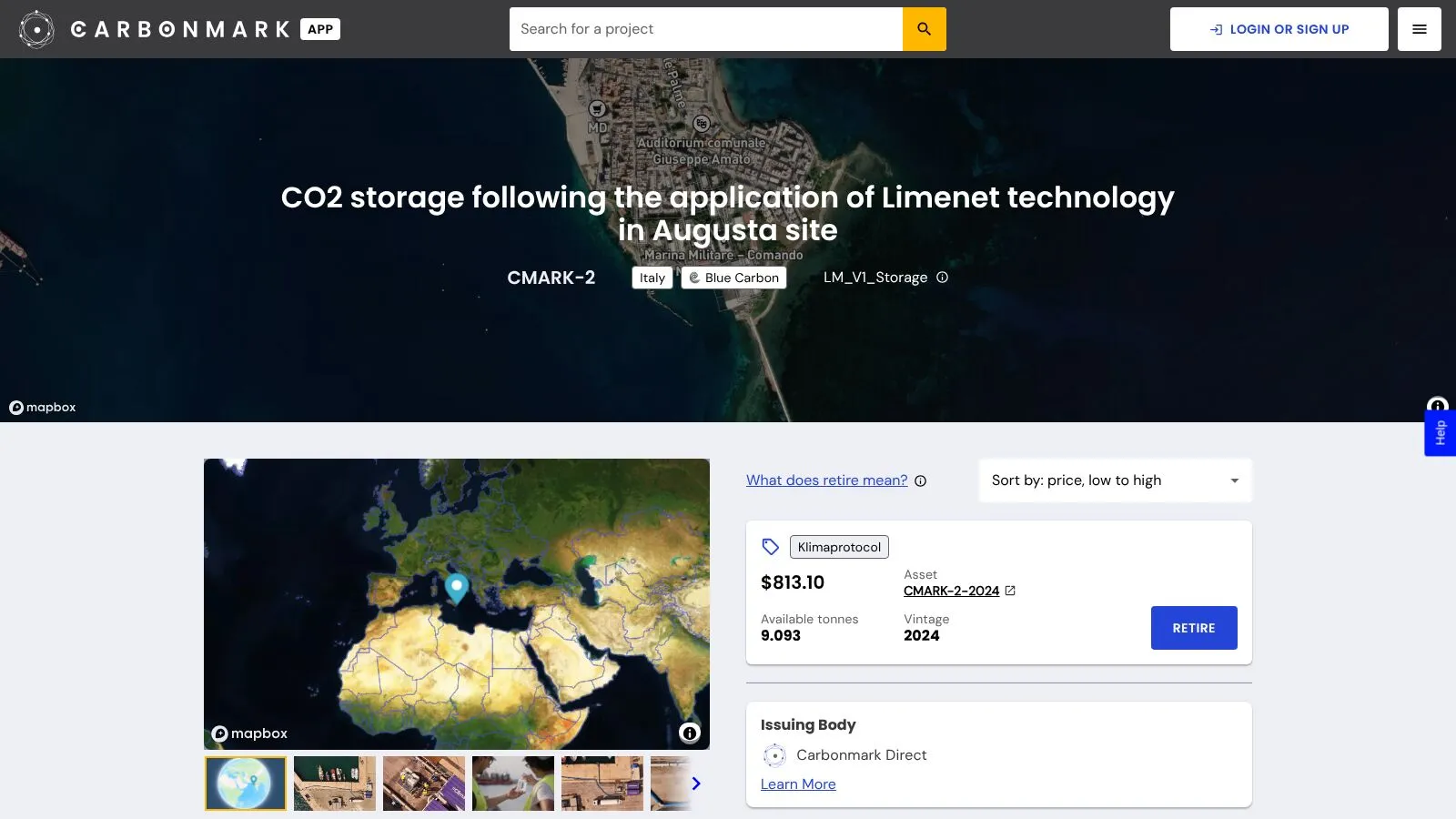 Page projet du stockage de CO₂ de Limenet à Augusta (Italie), avec prix, tonnes disponibles, millésime et organisme émetteur