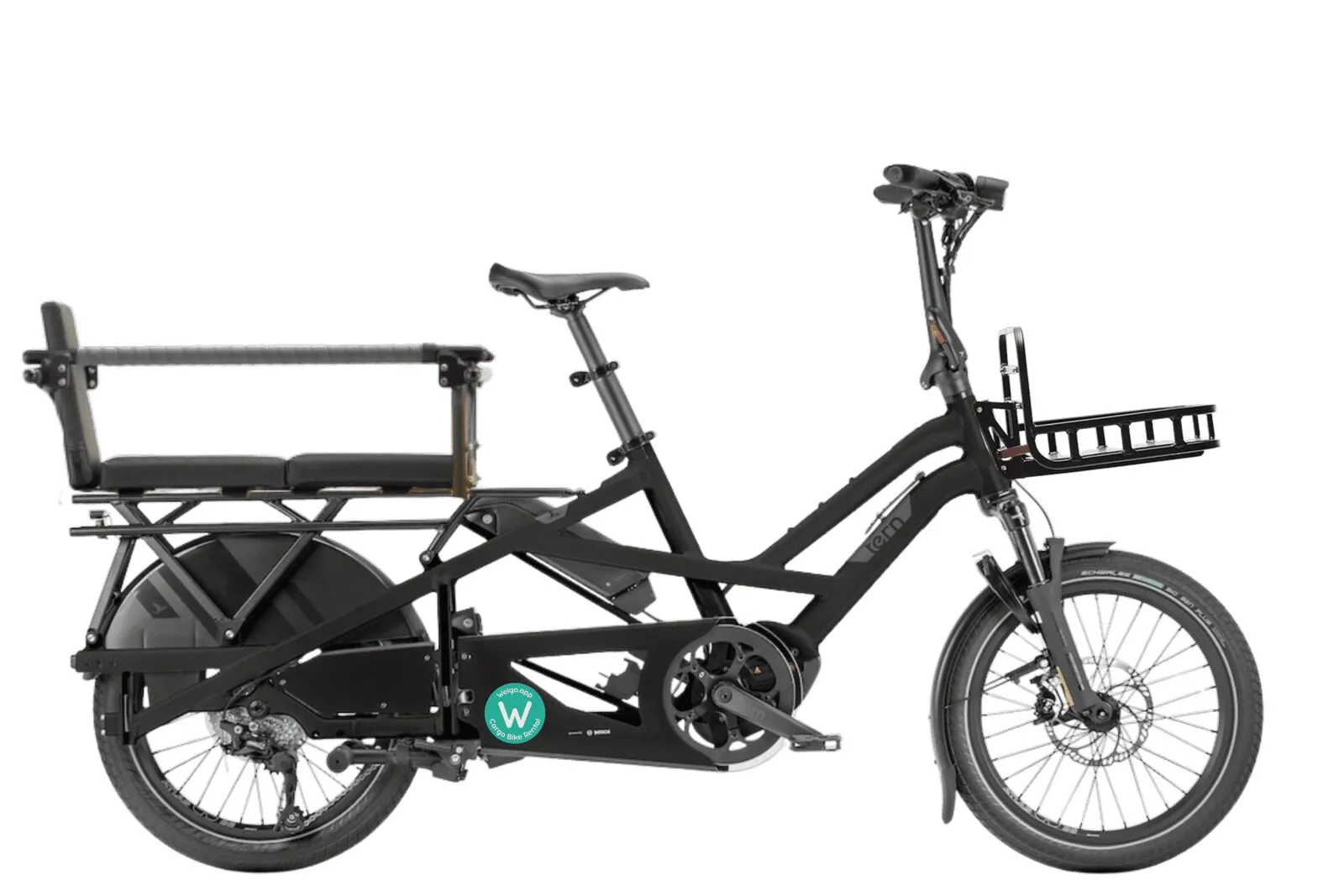 Un longtail électrique WELGO avec le pack famille : panier avant, repose-pieds et siège arrière