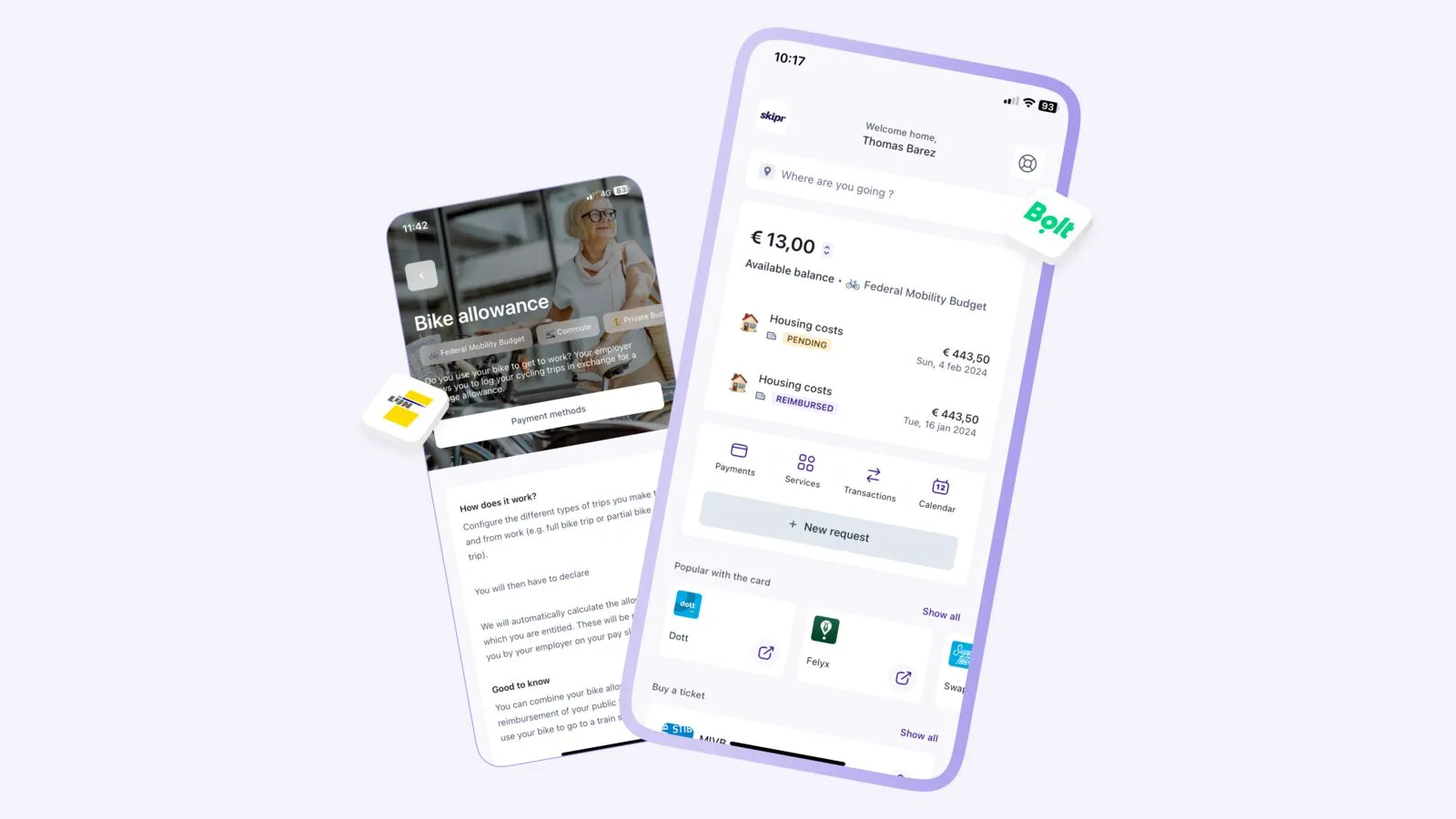 Écran d'accueil de l'application Skipr avec le budget mobilité fédéral disponible et une indemnité vélo