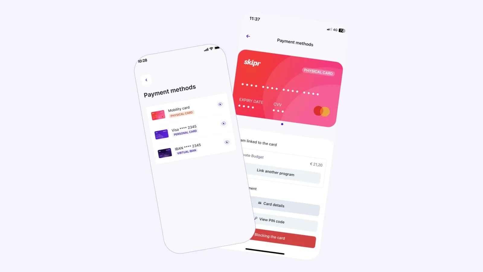Moyens de paiement dans l'application Skipr : carte mobilité physique, carte personnelle et IBAN virtuel