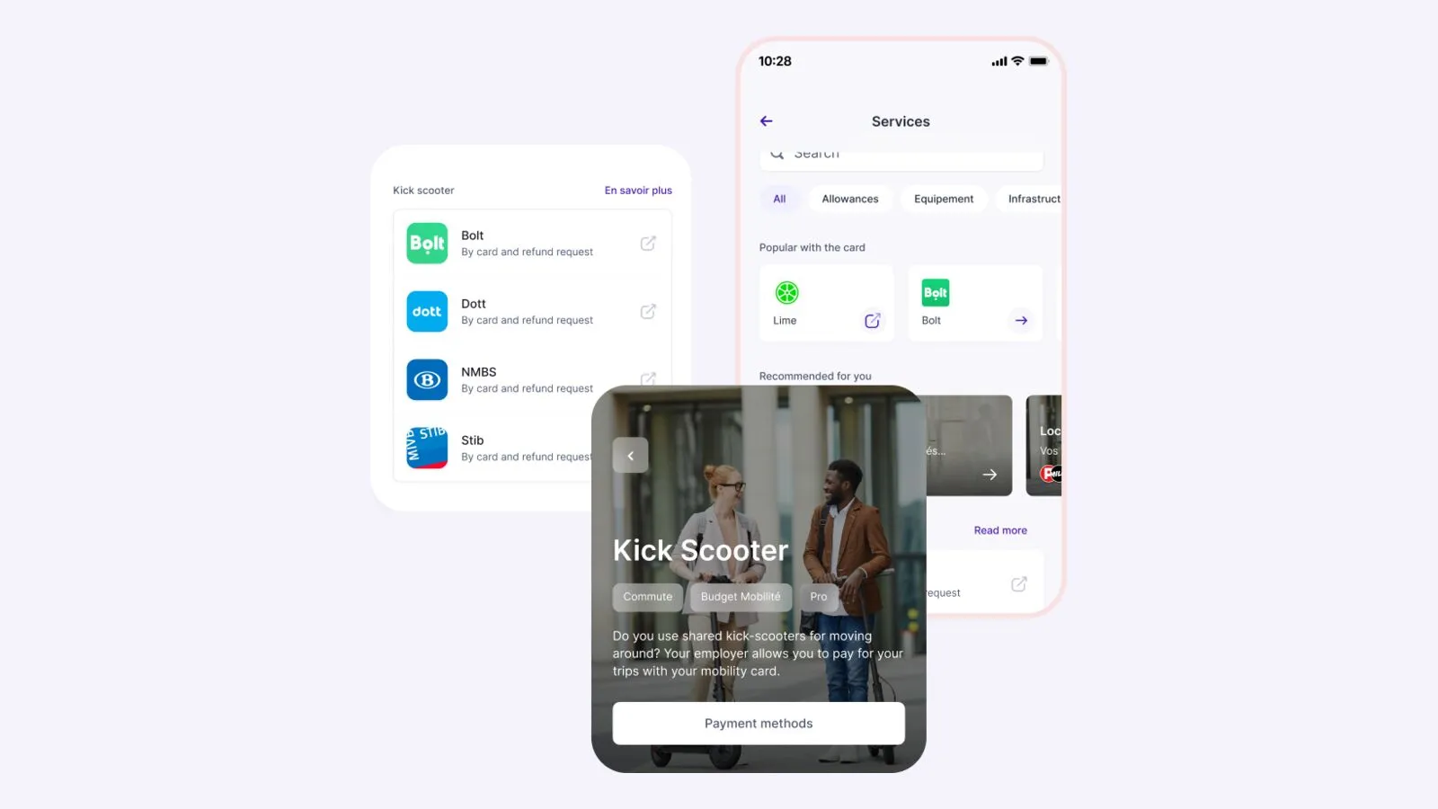 Catalogue de services de mobilité dans l'application Skipr : trottinettes, train et vélos partagés payables avec la carte