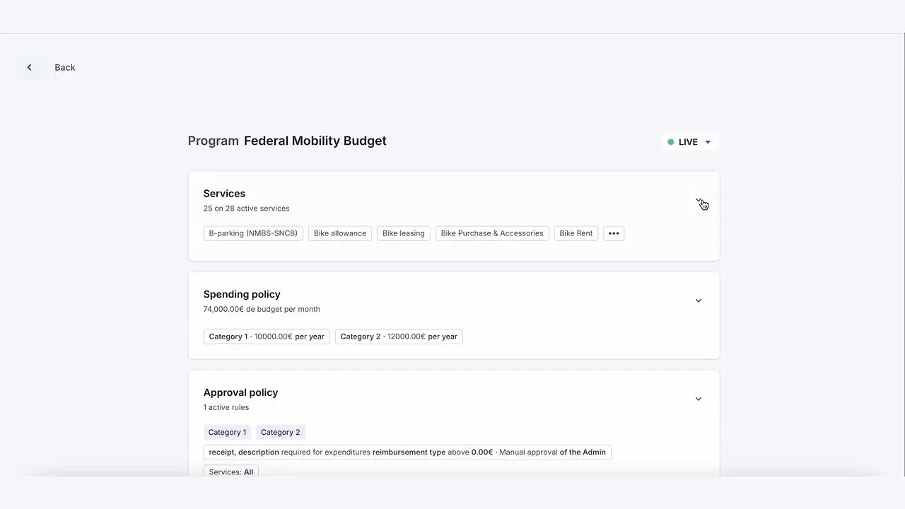 Paramètres du programme budget mobilité fédéral dans Pluxee Mobility : services autorisés, politique de dépenses et de validation