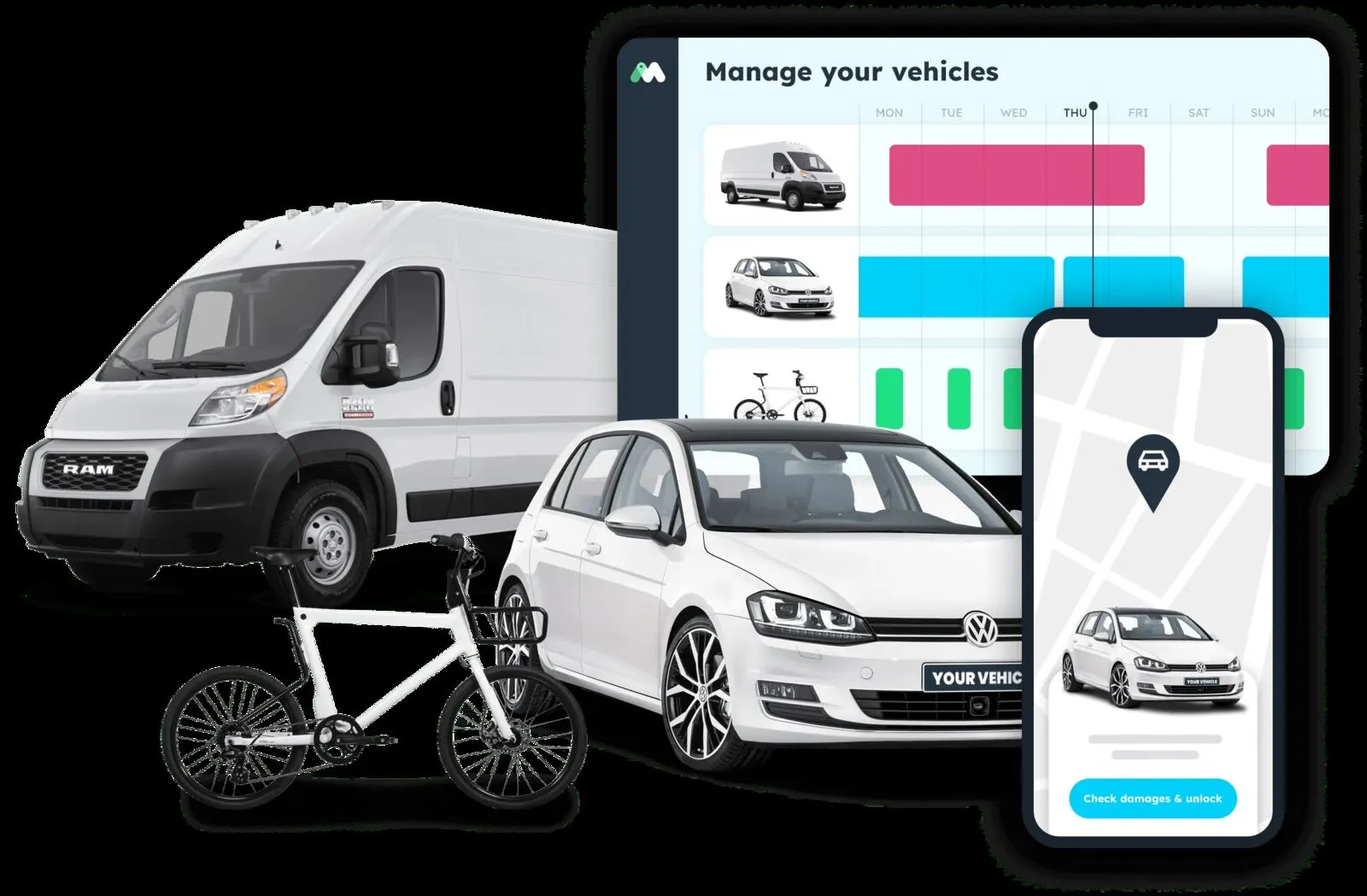 Une plateforme pour utilitaires, voitures et vélos partagés : tableau de bord et ouverture sans clé depuis l'app