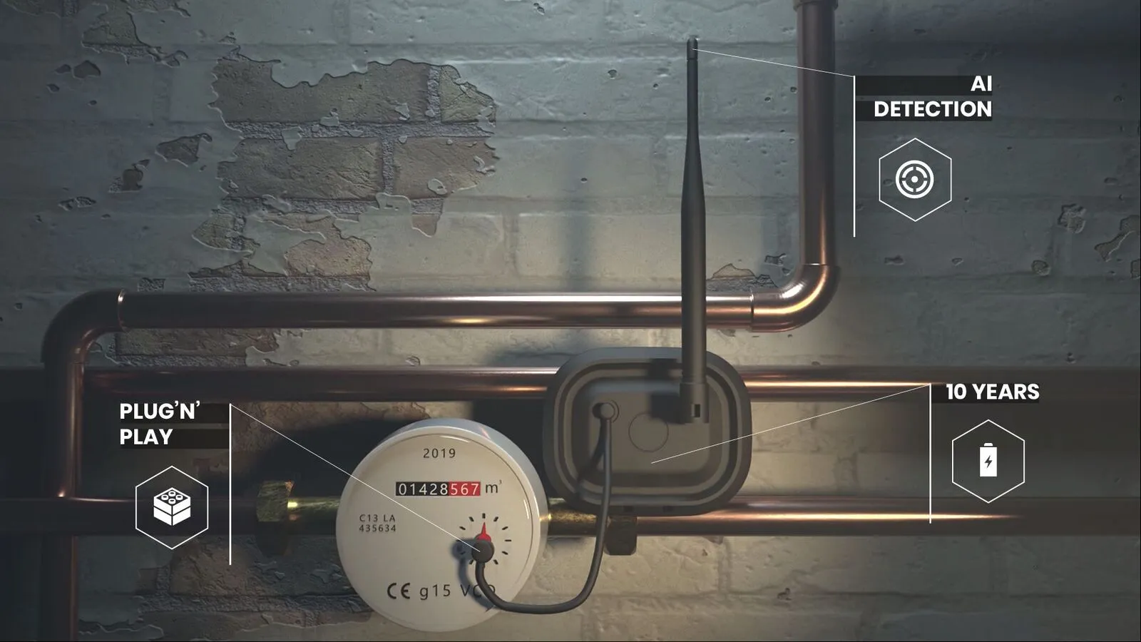Le datalogger POLY4 de Shayp branché sur le compteur d'eau d'un bâtiment, sans travaux de plomberie