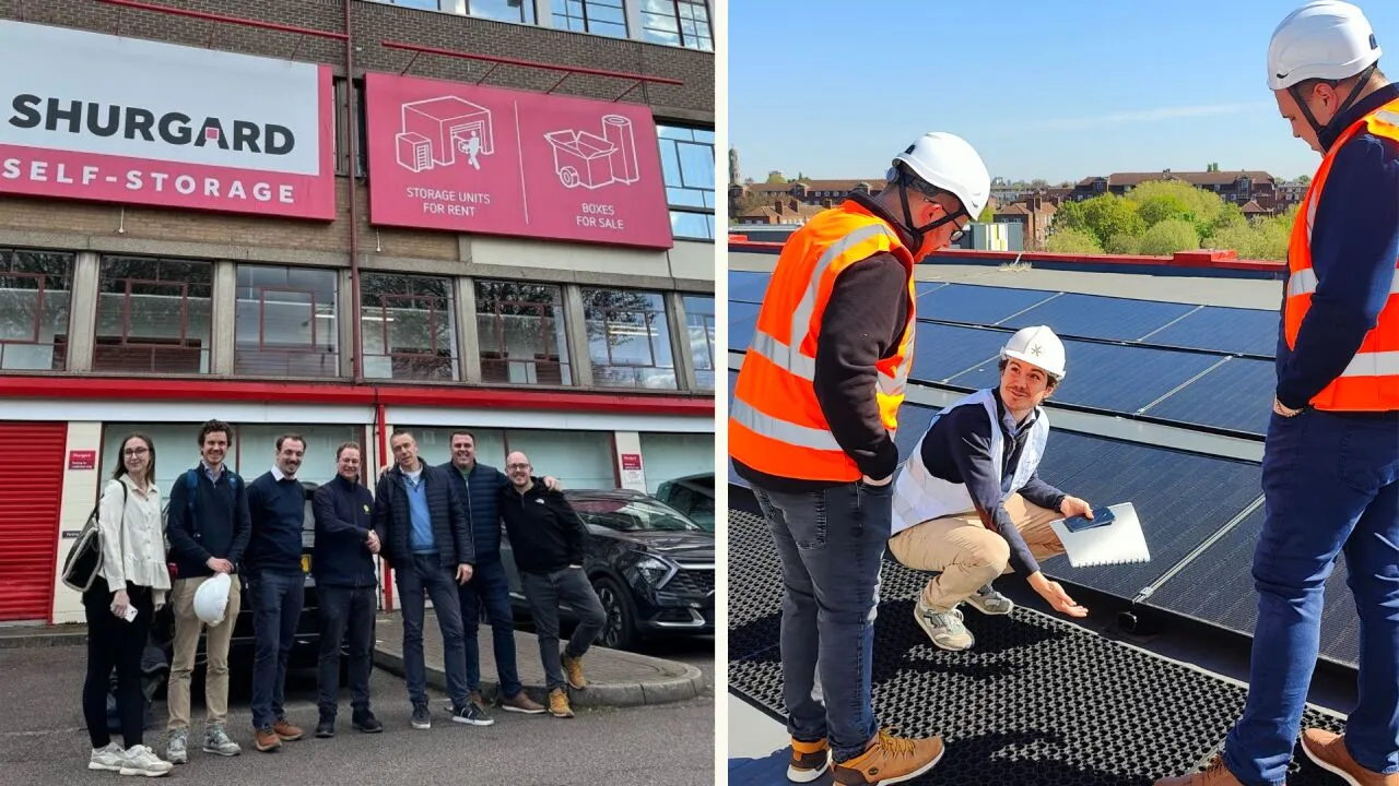 De teams van AYA en Shurgard bij een Shurgard-vestiging, en een inspectie van zonnepanelen op een dak in het VK