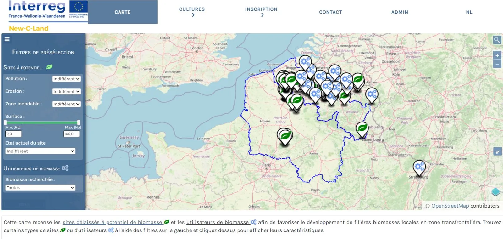 La plateforme New-C-Land développée par Atrasol, avec la carte des sites marginaux propices à la biomasse non alimentaire