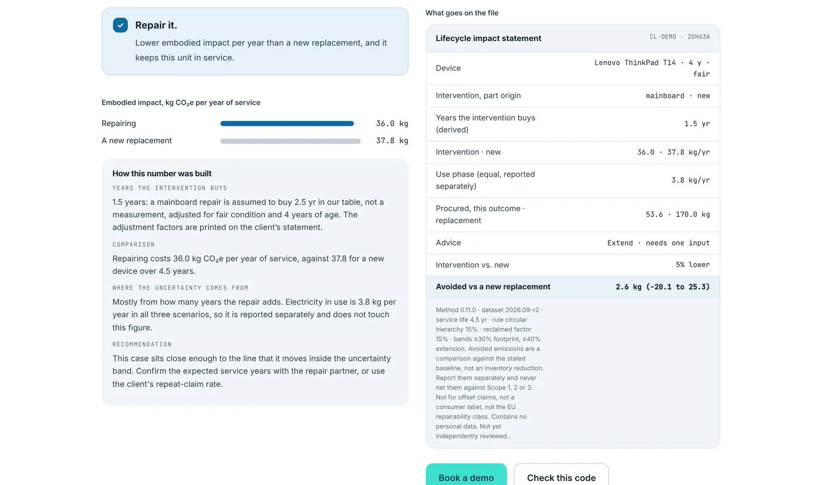 Déclaration d'impact sur le cycle de vie pour la réparation de la carte mère d'un ordinateur portable, avec marge d'erreur et code de reproduction