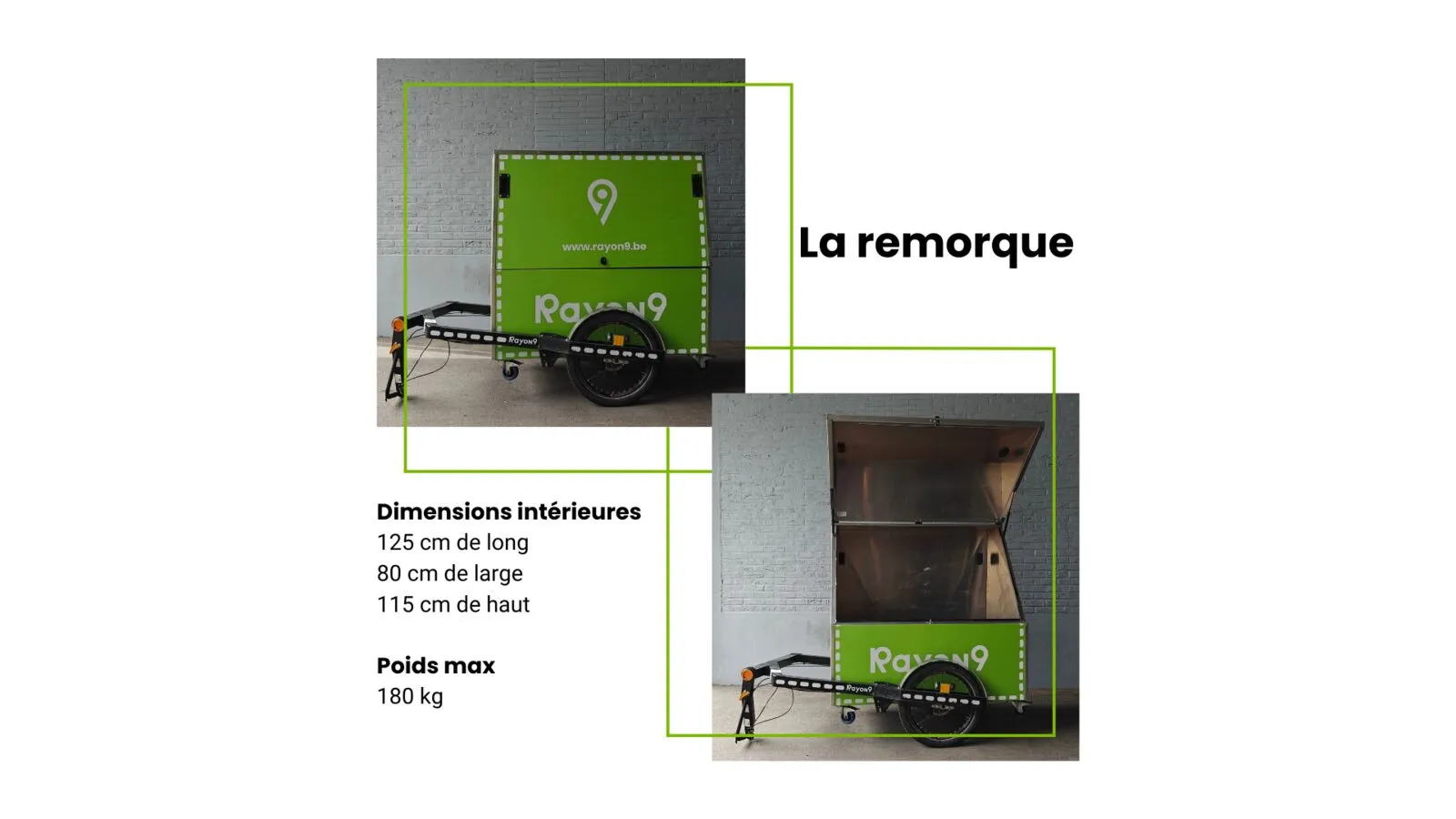 La remorque de RAYON9, qui ajoute jusqu'à 180 kg de charge