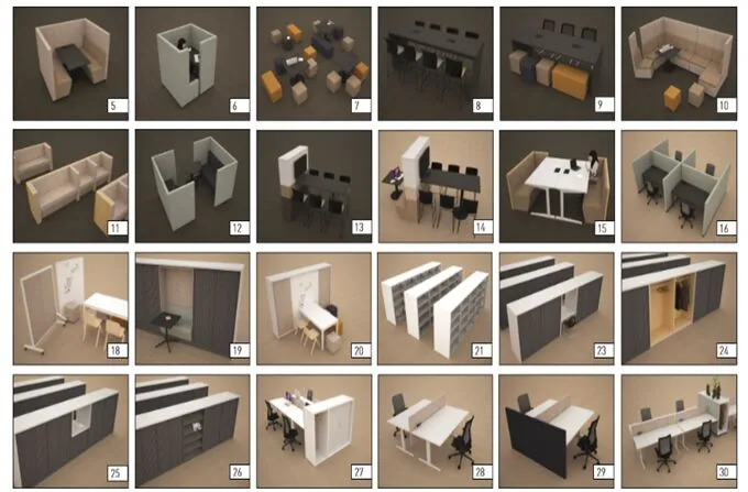 Extrait du catalogue de transformation de Nnof : bureaux, armoires et cabines réalisés à partir de mobilier existant
