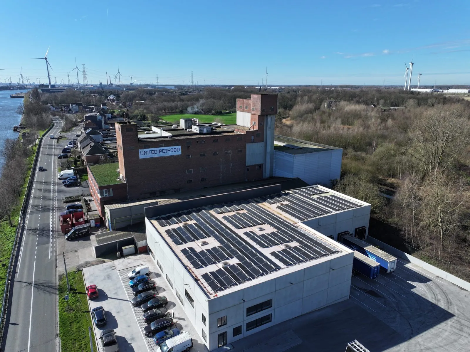 Aerial view of United Petfood's new roof and solar panels in Ghent