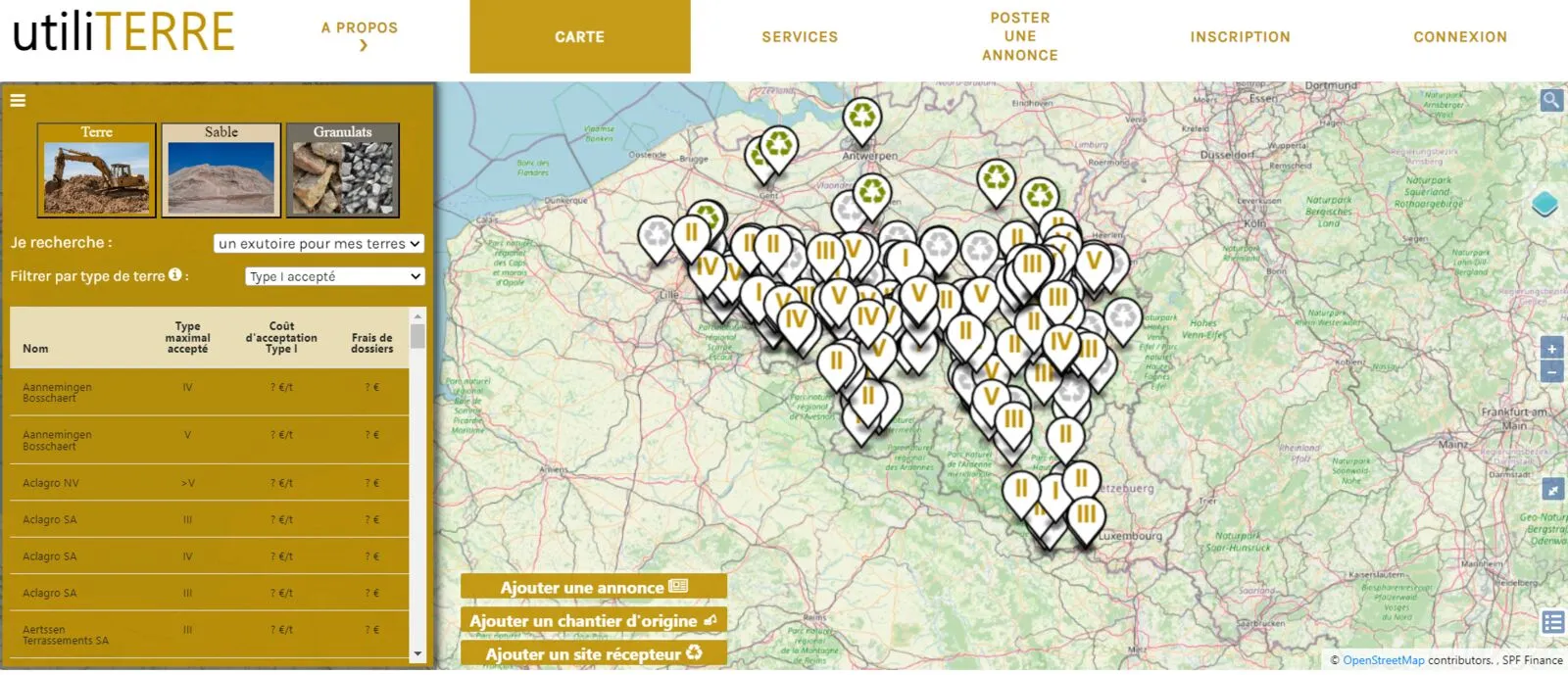 La plateforme utiliTERRE.be développée par Atrasol, avec la carte des sites récepteurs de terres excavées en Wallonie